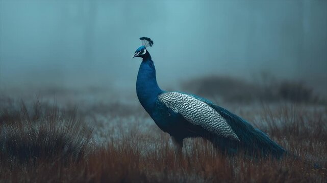A majestic peacock stands in misty tall grass, showcasing iridescent blue and green feathers
