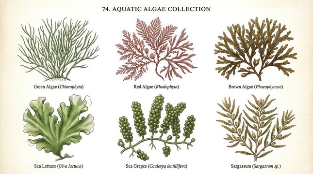 Dynamic Aquatic Algae Collection Showcasing Vibrant Green Red and Brown Seaweeds with Sea Lettuce Sea Grapes and Sargassum