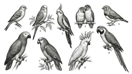 Fototapeta premium Dynamic Black and White of Nine Distinct Bird Species Perched on Branches and Leaves with high quality professional line art symbols for modern creative design and digital branding projects