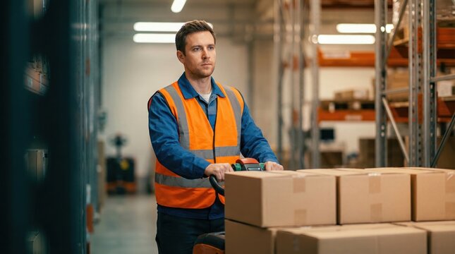 A worker in an orange vest pushes a hand truck loaded with boxes in a warehouse. The setting shows shelves with more boxes