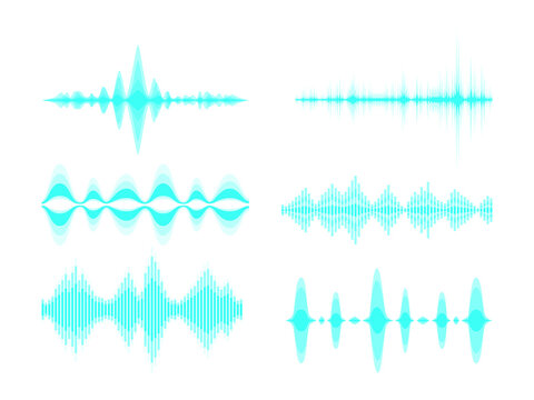 Glowing blue sound wave graphics for music or podcast on transparent background