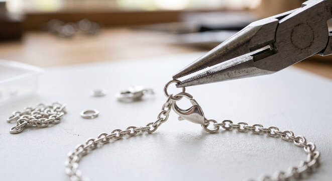 Close chain repair operation with round-nose pliers holding a jump ring beside silver links and loose jewelry findings on white fabric, prepared for professional watch and jewelry repair