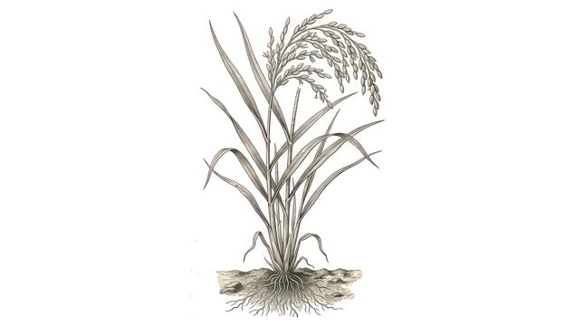 Dynamic Botanical of Tall Grass Plant with Detailed Roots and Seed Heads in Monochrome with high quality professional line art symbols for modern creative design and digital branding projects
