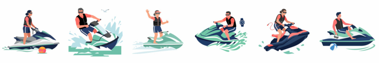 Naklejka premium Flat vector illustrations set of people riding jet skis on the water, featuring summer fun and extreme water sports activities on a white background.