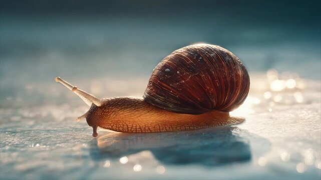 A close-up of a snail crawling across a shimmering surface under a bright light