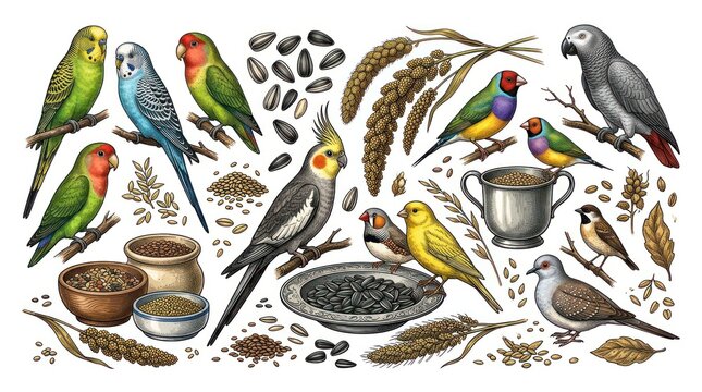 Dynamic Illustrated Collection of Colorful Parrots Finch Birds and Seed Containers with Natural Elements