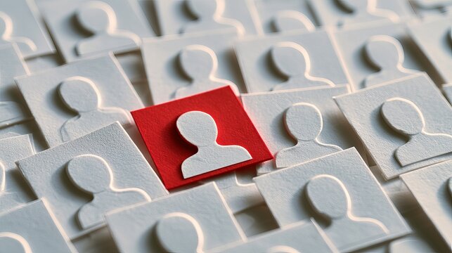 Unique red person icon standing out among many gray icons representing leadership and individuality with distinct icon human resources business strategy different pers