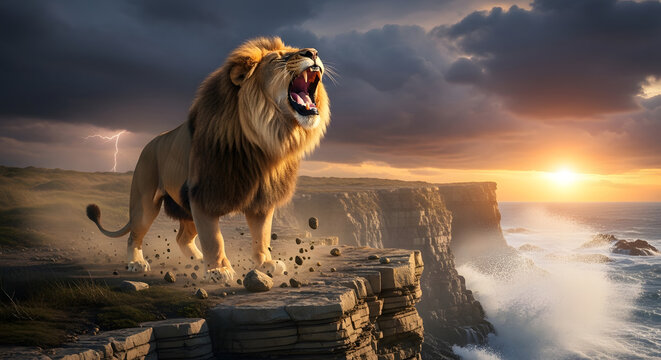 Majestic lion roaring at sunset by the ocean.