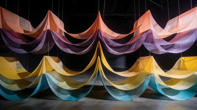 Swaying hung panels showing gentle sagging from air current in gallery, orange purple yellow teal