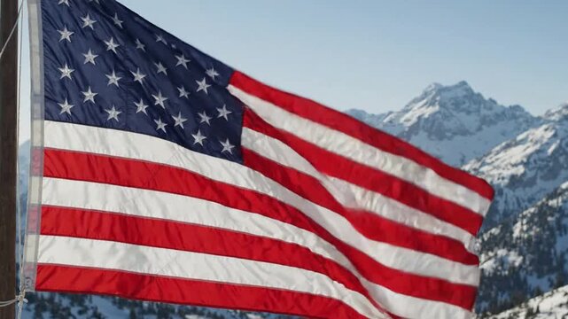 American flag waving proudly against snow-covered mountain peaks united states stars and stripes patriotism
