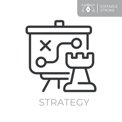 Naklejka premium Strategy line icon. Editable stroke outline symbol of presentation board with chess knight and tactical plan for business, planning, decision makin and project management. Flat vector illustration.