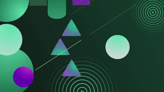 Abstract geometric background with glowing triangles circles lines and spiral rings gradient backdrop animation