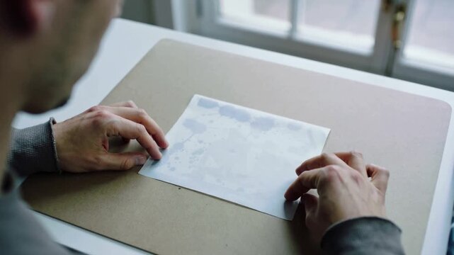 Seeing splatter, man in longsleeve gray top aligning diecuts at table to match print, copy space