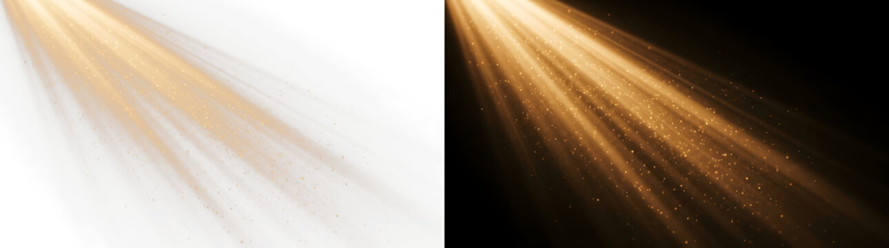 Golden sunbeam and light rays with sparkling dust particles. Diagonal warm glow effect isolated on transparent background