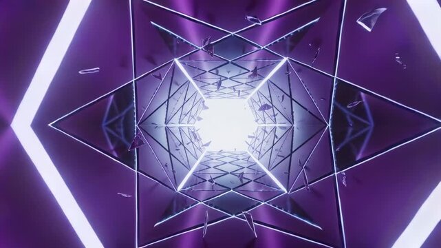 Starting playback, neon hex tunnel moving toward bright light in VR, with shards and mirrors