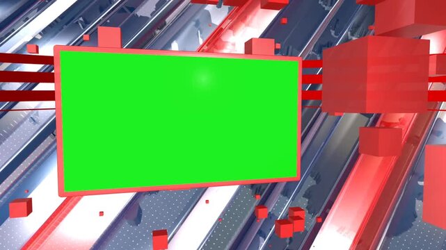 3D Virtual News Studio Broadcast Background with Green Screen Display Screen and Dynamic Red Cubes Motion Graphics