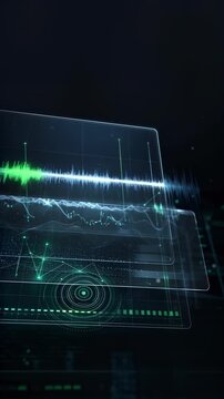Digital audio waveform interface visualizes sound analysis. AI signal processing concept with copy space