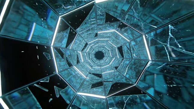 Rotating glass tunnel moving forth in gallery as camera pushing inward, shedding shards from panels