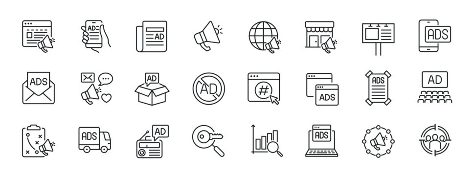 Advertising, digital marketing thin line icons. For website marketing design, logo, app, template, ui, etc. Vector illustration.