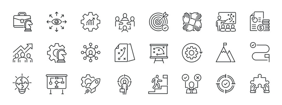 Business strategy, planning thin line icons. For website marketing design, logo, app, template, ui, etc. Vector illustration.