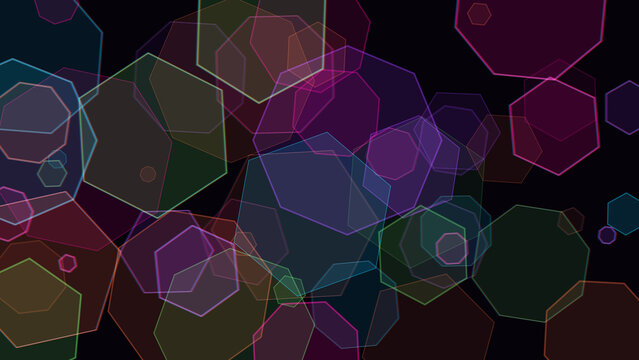 Abstract background, featuring overlapping translucent, colorful geometric heptagon, shapes on a, solid dark black, background texture