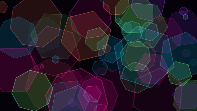 Abstract background, featuring overlapping translucent, colorful geometric heptagon, shapes on a, solid dark black, background texture