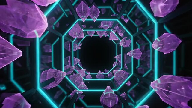 Advancing camera moving through glowing teal octagonal tunnel, purple crystal shards drifting
