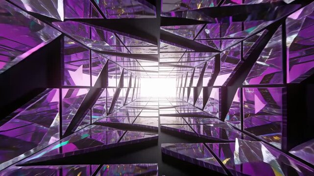 Moving camera along mirrored panels in purple tunnel toward bright rectangle with teal highlights