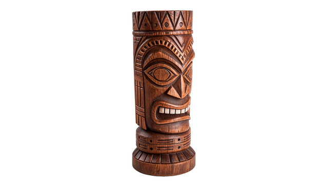 Traditional wooden carved tiki totem pole statue isolated on transparent background.