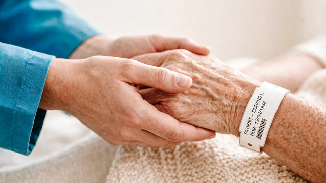 Infirmi&egrave;re tenant la main d'une patiente &acirc;g&eacute;e avec bracelet d'identification sur le bras