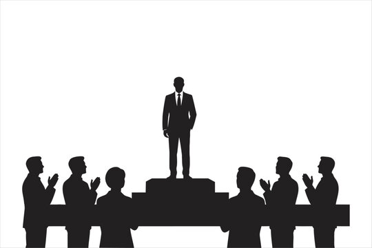Silhouette of successful businessman standing on podium surrounded by clapping crowd. Vector illustration for leadership and recognition.