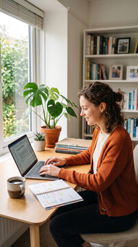 A young administrative professional working efficiently from a bright home office with laptop, planner, coffee, and indoor plants, remote work concept, Secretaries' Day
