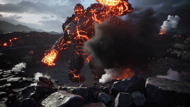 Raising right arm, colossal lava-rock golem striking cracked basalt plateau, sending glowing embers
