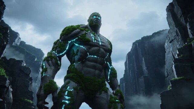 Emerging giant golem pushing from shallow water in foggy canyon, emitting blue sparks to stand