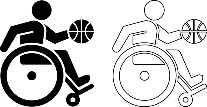 Professional high contrast icons of a determined athlete in a wheelchair playing basketball for inclusive sports design.