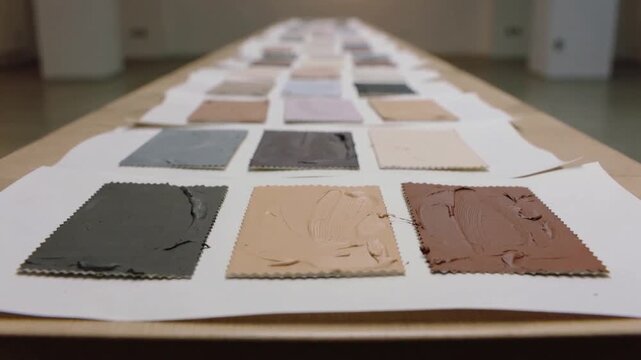 Entering right gloved hand testing front-row swatches on long table in studio, creating smears