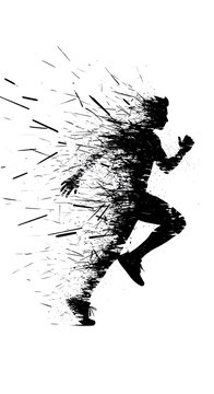 Silhouette of a runner dissolving into abstract streaks and particles in motion black on white