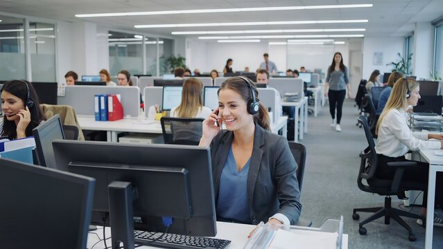 Professional women working in busy modern office environment with computer workstations and headsets