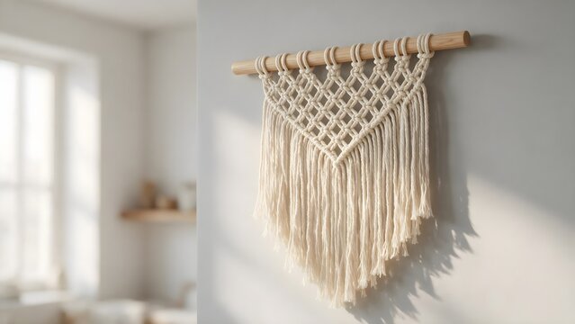 Handmade woven macrame wall hanging decoration mounted on a wooden dowel rod with fiber art boho decor textile art cotton rope decoration handmade bohemian interior apartment aesthetic