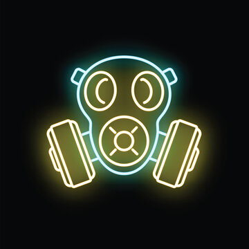 Neon gas mask icon glowing with yellow and blue light on black background