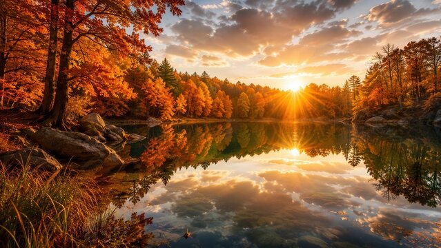 Stunning autumn lake at golden sunset with colorful forest reflections and peaceful tranquil landscape scenery