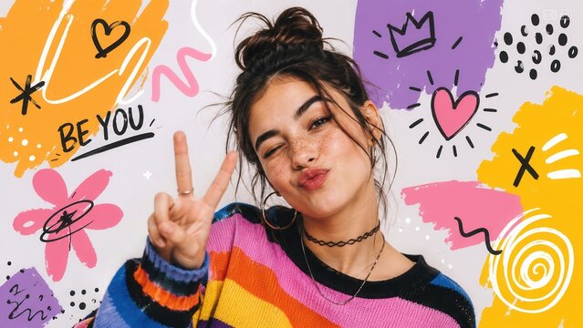 Trendy young woman making peace sign with colorful doodle background and positive self expression concept
