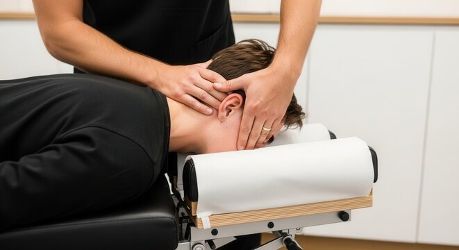 Chiropractor performs neck adjustment on young man lying on chiropractic table, close-up on hands and head