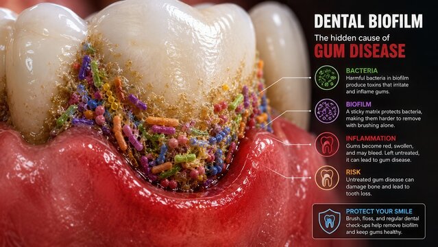 Dental biofilm and harmful bacteria causing gum disease illustrated with infected tooth and oral health infographic