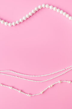 Natural white pearls - beads for jewelry, top view. Precious and elegance concept background