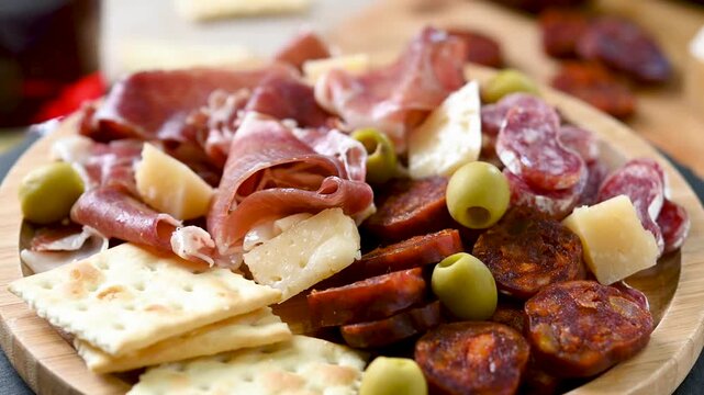 Spanish charcuterie board with cured meats and cheese rotating
