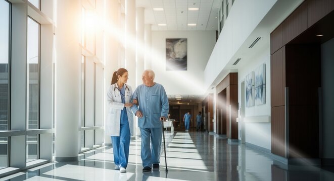 Caring Doctor Supports Elderly Patient Walking in Bright Modern Hospital Hallway with Cane, Sunlight Streaming In