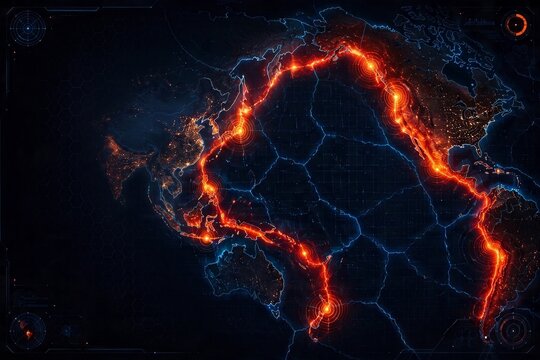 Futuristic tectonic map with glowing lava fault lines. Digital world map showing volcanic activity and seismic plates. Sci-fi global heat map, Pacific Ring of fire