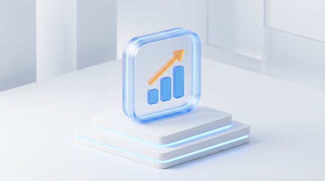 3d render of a glass square icon with a rising bar chart and arrow, representing business growth and financial success