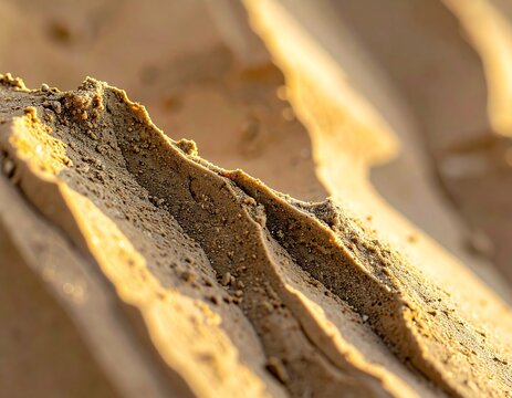 Close up of sandy stratified earth layers in warm sunlight